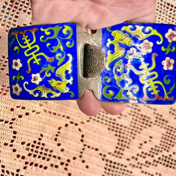 Distinctive Antique Cobalt Blue Enameled Brass Belt Buckle From China - c 1920 - Picture 5 of 8
